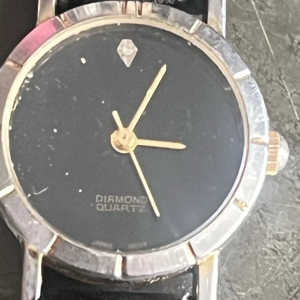 Vintage Diamond Quartz Watch Women Black Leather Strap Analog Round Case AS IS